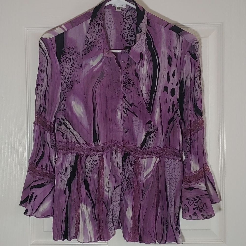 Jaipur Purple Black Animal Print Lace Trim Top Bell Sleeve Blouse Snaps Size S